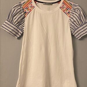In2 by InCashmere White Tee with Multicolor Sleeves